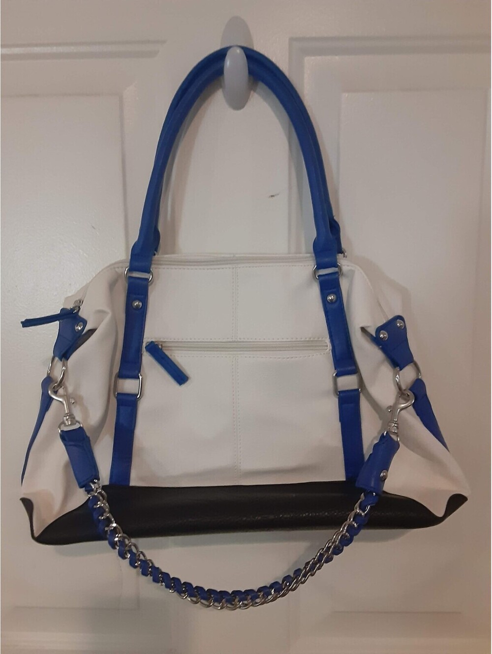 APT 9 Handbag Purse Blue White Black Double Handle 14x11” with Chain Accessory